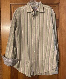 Robert Graham Shirt Mens XL Blue Stripe Paisley Cutaway Collar Flip Cuff - Picture 1 of 12