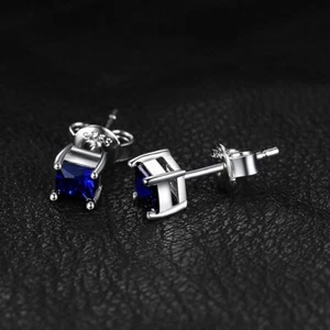 Princess Lab-Created Blue Sapphire Solitaire Stud Earrings 14K White Gold Plated - Picture 1 of 5