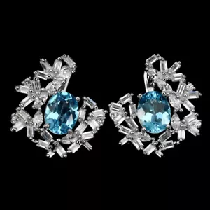 Orecchini In Argento Sterling 925 Ovali 9x7mm Con Gemma Di Topazio Blu Svizzero - Foto 1 di 11