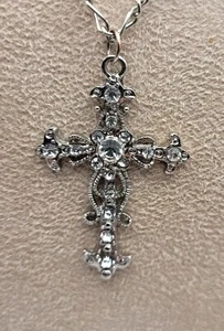 Retro Rhinestone Fleur de Lis Cross Pendant Necklace Paperclip Chain 27" - Picture 1 of 6
