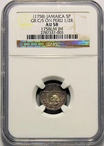 Jamaica - (1758) 5 Pence GR countermark on Peru 1/2R in NGC AU 58 RR - Picture 1 of 2