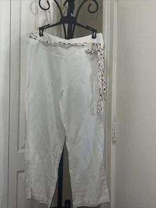 NWT White Cotton Slacks Size Small w/  Straight Leg Casual Pants Colorfull Belt - Picture 1 of 3