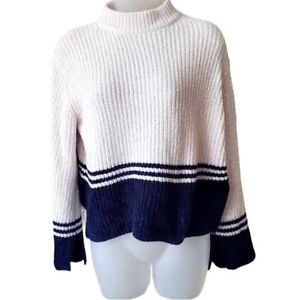 ABOUT US Womens Sweater SZ XS Chenille Knit Cream Navy Mock Neck Soft Stretchy