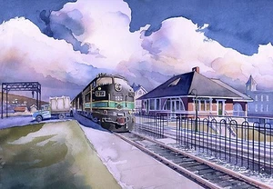 Reading RR Streamliner #902, estación Perkasie, lápiz. Tarjetas de notas artísticas de James Mann - Imagen 1 de 3