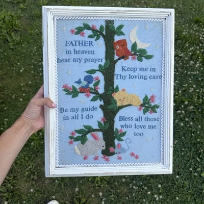 Vintage Child's Prayer Christian Needlepoint Crewel Completed Framed Upcycled - Image 1 of 4