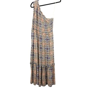 Knox Rose Womens Medium Maxi Dress One Shoulder Smocked Multicolor Tile Print - Picture 1 of 11
