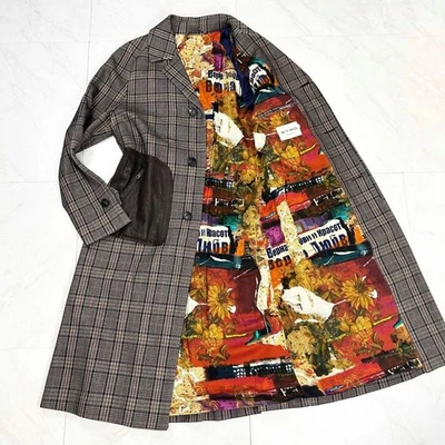 ETRO Chesterfield 人造丝长外套棕色 48 皮革口袋佩斯利图案二手 — 第 1/4 张图片