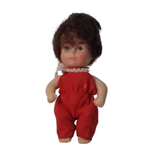 Small Vintage Doll Plastic Brunette Red Outfit 4 inches Little Mini Toy Baby - Picture 1 of 8