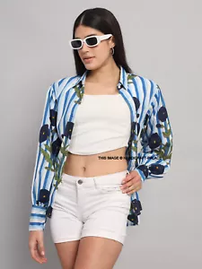 Womens Summer Print Cotton Button Blouse Tops Casual Collared Long Sleeve Shirts - Picture 1 of 9
