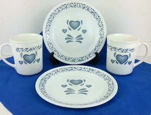 Corelle Blue Hearts Dinnerware Setting Retired Farmhouse Dishes 2 Mugs 2 Plates - Picture 1 of 13
