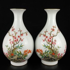 A Pair Chinese Pastel Porcelain Handpainted Exquisite Flowers&Birds Vase 15462