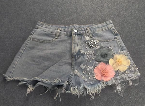 Jean Shorts Blue Medium Decorated 3D Applique Shortails Fringe Mini - Picture 1 of 8