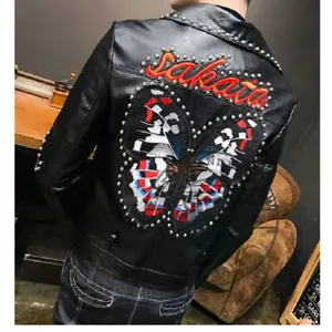 Handmade Men's Silver Studded Party Wear, Belted Punk Rock Gothic Leather Jacket - Picture 1 of 7