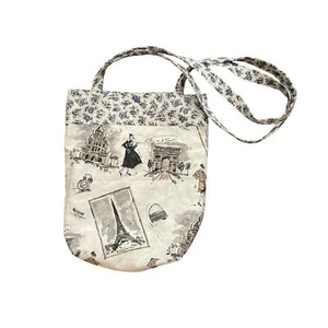 y2k Vintage Paris France Cream Floral Eiffel Tower Long Shoulder Cotton Tote Bag - Picture 1 of 5