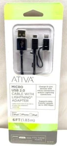 ATIVA Micro USB 2.0 Cable with Lightning Adapter 6' USB Micro Lightning - Picture 1 of 2