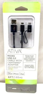 ATIVA Micro USB 2.0 Cable with Lightning Adapter 6' USB Micro Lightning - Image 1 of 2