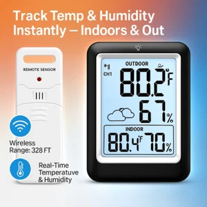 Wireless Indoor Outdoor Thermometer Hygrometer Weather Station LCD Display - Picture 1 of 7