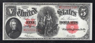 FR. 91 1907 $5 “WOODCHOPPER” LEGAL TENDER USN “PCBLIC ERROR” GEM UNCIRCULATED - Image 1 of 2