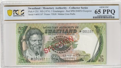 Swaziland 1974 5 Emalangeni Certified PCGS Banknote UNC 65 PPQ CS1 SPECIMEN - Image 1 of 2