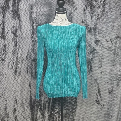 Top plisado vintage Mary McFadden Couture para mujer 10 verde vanguardista diseñador Foto 1 de 4
