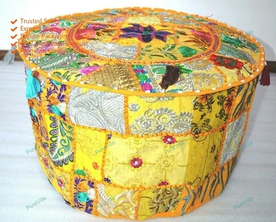 Indian Floral Cotton Foot Stool Seating Handcrafted Ottoman Pouf - Image 1 of 4