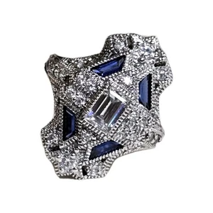 Art Deco Filigree Milgrain Style Sapphire CZ Sterling Silver Ring - Picture 1 of 10