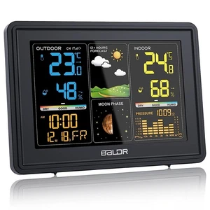 BALDR Wetterstation Funk mit Außensensor, Digital Farbdisplay DCF-Funkuhr Innen - Bild 1 von 7