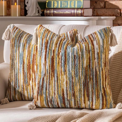 Juego de 2 Fundas de Almohada Boho Decorativas Tejidas Bohemias A Rayas Mechonadas Fa... Foto 1 de 4