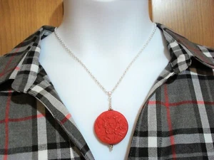 Cherry Blossom Red Cinnabar Pendant on SP 20" Necklace & 2" Drop Post Earrings - Picture 1 of 11