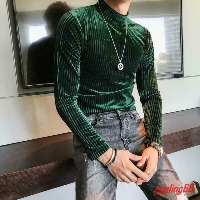 Chic Mens Velvet Pullover Long Sleeve Slim Fit Shirt Casual Nightclub Base Tops - Image 1 of 4