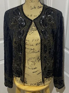 Nite Line Evening Jacket Sequins Beaded Black & Gold 100% Silk Women’s M - Picture 1 of 16