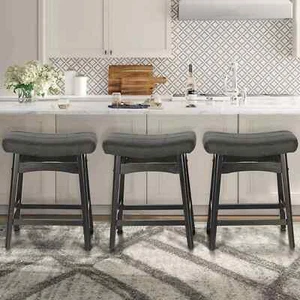 Saddle Seat Bar Stools Set of 3 Counter Height Barstool Solid Leg - Picture 1 of 24