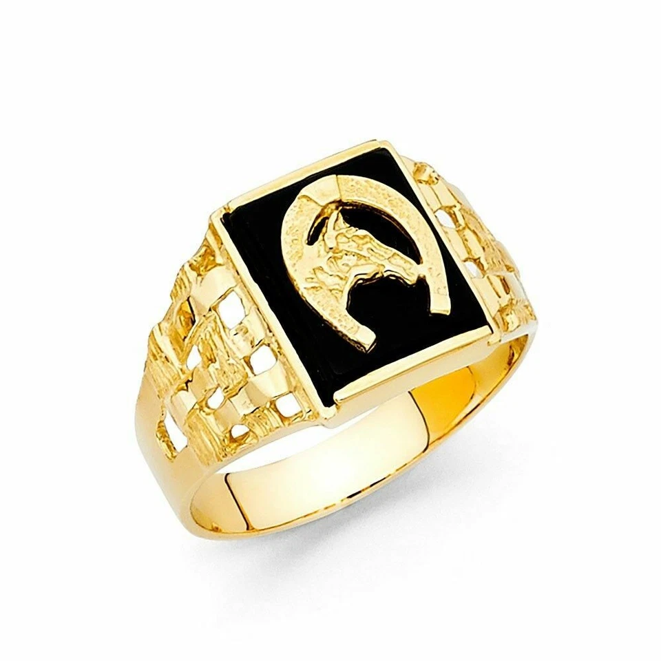 Zapato de caballo de ónix para hombre anillo de oro amarillo Caballo Herradura Hombres 14k Oro Anillo Foto 1 de 1
