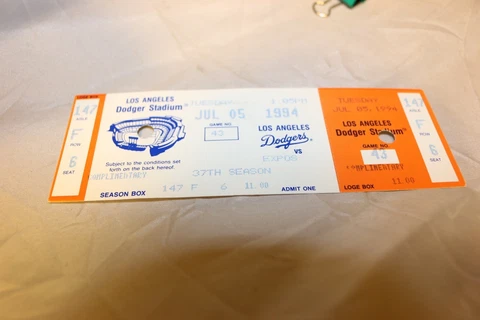 Los Angeles Dodgers 1994 Regular Season Ticket vs. NY Mets July 5 Cover