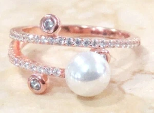 925 Sterling Silver Rose Gold Embraced Simulated Diamond Pearl Band Ring size 7 - Picture 1 of 6