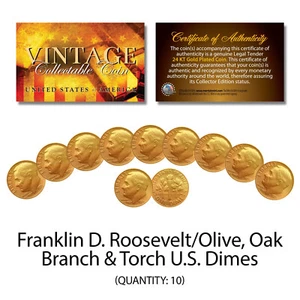 Franklin D Roosevelt 1970's U.S. DIMES Uncirculated 24KT GOLD Plated - QTY 10 - Picture 1 of 3