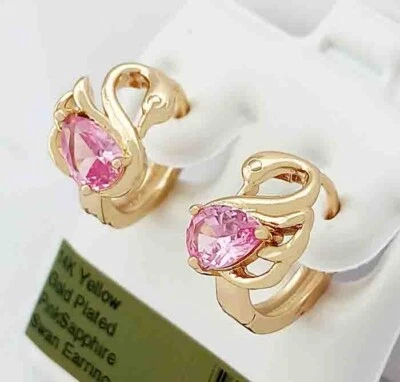 LAB CREATED 2.10 Cts PINK SAPPHIRE SWAN EARRINGS 14K YELLOW GOLD PLATED - Image 1 of 4