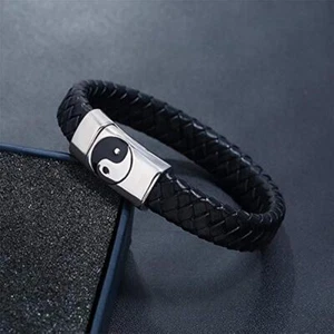 Men's Braided Bracelet Yin Yang Taoist Symbol Taichi Yoga Leather Cords Woven - Picture 1 of 4