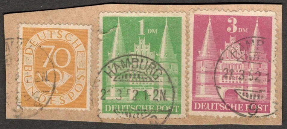 (AOP) Germany 1951-52 numerals 70pf yellow used on piece - Image 1 of 1