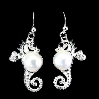 925 Sterling Silver Earrings Round Pearl Spinel Natural Seahorse Jewelry - Image 1 of 4