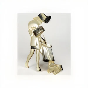 SHOP TILL YOU DROP.  Silver Tone Shopping Lady with Packages and Dog AJC - Picture 1 of 3