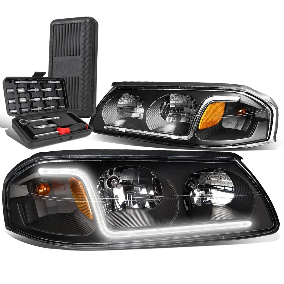 For 2000-2005 Chevy Impala LED DRL Tube Black Amber Signal Headlights+Tool Box - Image 1 of 4