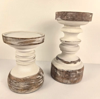 Rustic Pillar Candleholder Solid Wood Pillar Antique White Distressed Set of 2 - Image 1 of 4