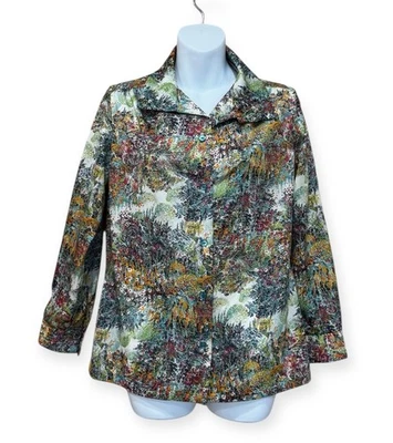 Classic 70s Jane Colby Mod Top Hippie Floral Blouse Geometric Size M - Image 1 of 4