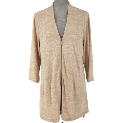 H by Halston Sweater Womens Medium Beige Long Cardigan Zip Duster Stretch Knit - Image 1 of 4