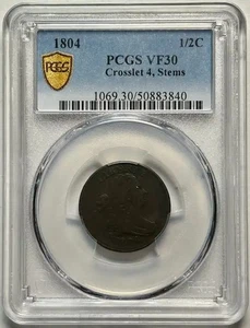 1804 P Half Cents Draped Bust Copper PCGS VF-30 BN Crosslet 4, Stems - Picture 1 of 3