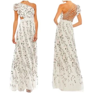 Mac Duggal NWT Embroidered Ruffled One Shoulder Lace Up Gown Size 6 - Picture 1 of 7