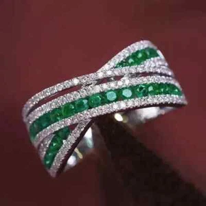 3.00Ct Round Lab-Created Green Emerald Wedding Band Ring 14K White Gold Plated - Picture 1 of 4