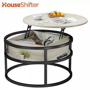 White Round Lift Top Coffee Table Wood w/ Hidden Storage Rust Resist Metal Frame - Picture 1 of 12