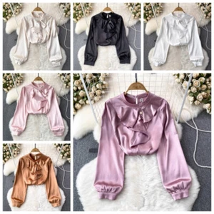 Women Faux Silk Satin Blouse Tops Shirts Ruffles Casual Formal Shiny Fashion - Picture 1 of 15